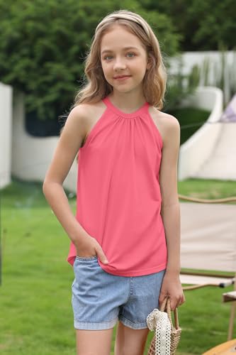Image of BesserBay Girls Summer Back Button Halter Neck Tank Top Cold Shoulder Casual Blouse Pleated Sleeveless Shirts 5-14 Years