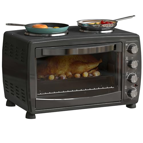 HOMCOM 36L Small Oven with 2 Hot Plates Grill Roast Bake Boil 2600W Black