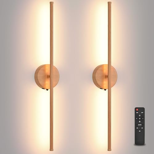 Image of Wall Sconces Battery Operated Set of Two, Faux Wood Texture Finish Wall Lights with Remote Control 350 Rotate, 27.6 Inch Dimmable USB Rechargeable Wall Lamp for Living Room Bedroom Hallway