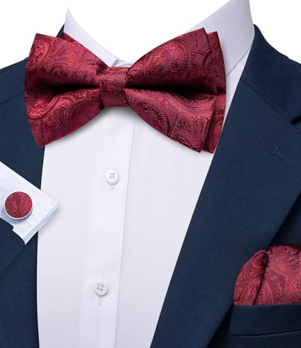 Image of YOHOWA Mens Bow Tie Set Paisley Pre-tied Bowties Adjustable with Handkerchief Cufflinks Gold Ring Set Wedding Prom Party