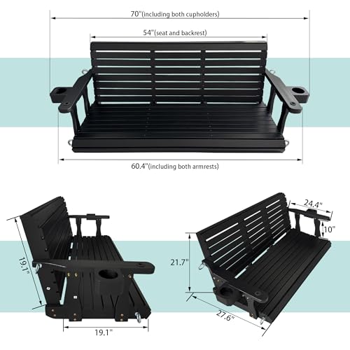 Image of Fortune Candy Wooden Porch Swing 3-Seater, with Cupholders, Chains and Springs, Heavy Duty 880 LBS (Iron Black, 5 FT Extra Large)