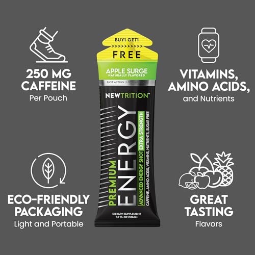 Image of NewTrition Extra Strength Energy Shots 1.7 fl oz - 250mg Caffeine with B Vitamins & Amino Acids, Sugar-Free Zero Calorie Vitamin Energy Drink for Focus & Endurance (Pack of 12, 4 Flavors - Mixed 2)