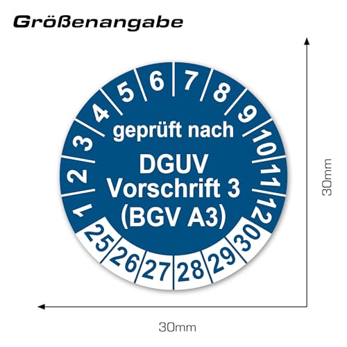 LabelTec Prüfplaketten geprüft nach DGUV Vorschrift 3 BGV A3 Prüfaufkleber 2025-2030 Aufkleber Prüfetiketten Vinyl Plaketten Folie selbstklebend wasserfest LTA011 (100, Blau, ø30mm)