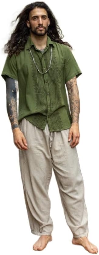 Pablo Mens Loose Button Down Collar Shirt Cotton Short Sleeve Top Naturally Dyed Block Printed Pattern Front Pocket Handmade Green/XXL