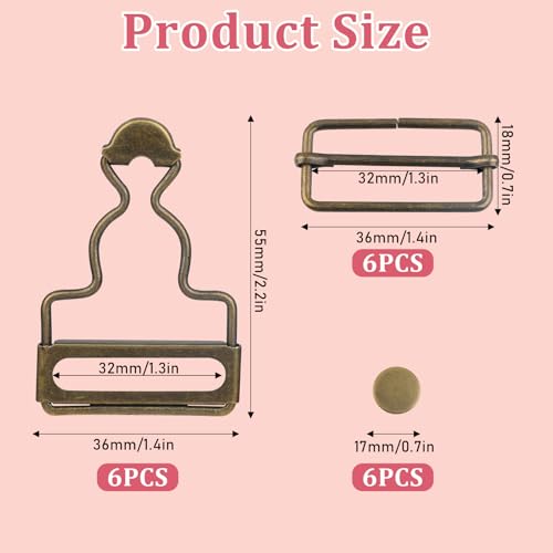 6 Sets Overalls Buckles, 1.25 inch Metal Overall Replacement Clasp Clips with Adjustable Tri Glide Slide Buckle and Buttons, DIY Button No-Sew Accessories for Overall Bib Pants Trousers Jeans Jacket