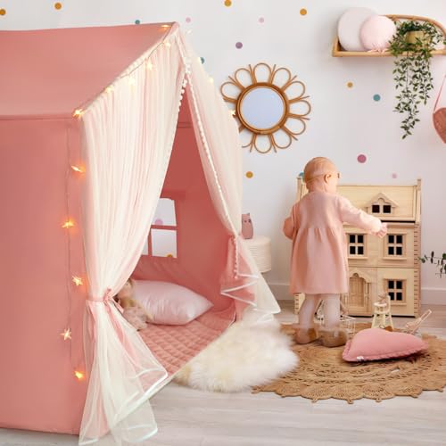 Kids Tent with Mat, Kids Play Tents Indoor, Princess Tent for Girl, Toddler Tents Playhouse for Kid, Large Play Cottage Pink, Kid Toys for Girl Birthday Gift