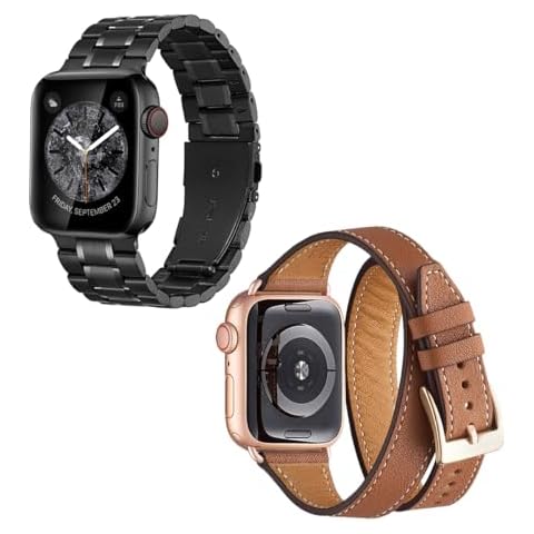 Bestig 2 Pack Bands Compatible with Apple Watch,42/44/45/49mm/Ultra Black Stainless Band & 38/40/41mm Brown Leather Band,Adjustable Wristband for iWatch SE Series 9/8/7/6/5/4/3/2/1 for Men Women Cover