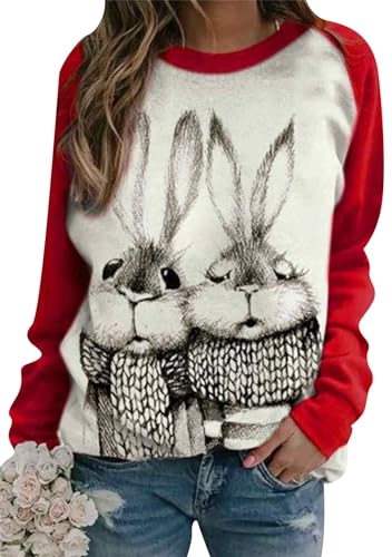 Image of Women's Easter Basic Sweatshirt Crew Neck Long Sleeve Sweatshirt Casual Loose Sweatshirt with Rabbit Print