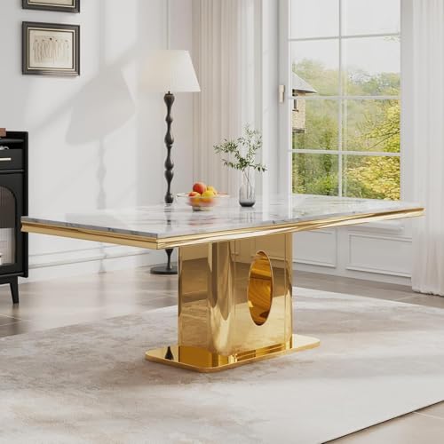 ModaWhly Modern White Marble Dining Table, 70" Rectangular Kitchen Table