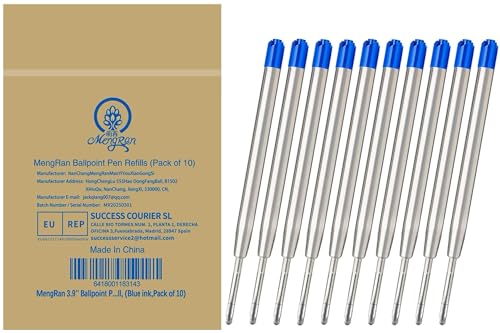 MengRan 3.9'' Ballpoint Ink Pen Refills for Click Pens,1mm Medium Tip,Compatible with Parker Pen Refill,Pack of 10 (Blue Ink)