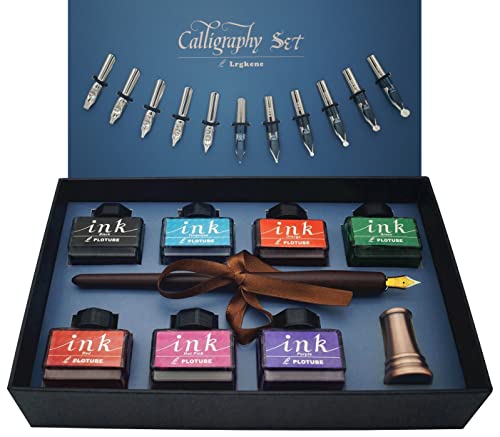 IDEAPOOL Stylos Plume de Calligraphie en Bois Encre Set, 7 Bouteilles d'encre, Fountain Dip Pen avec 12 Plumes, Porte-stylo Bronze et Manuel Pour Débutants