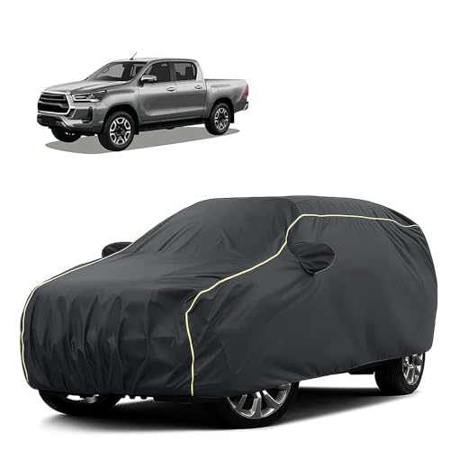 Image of Sulfar 100% Water Resistant Car Body Cover Compatible with Mirror for Toyota Hilux (Triple Stitched, Full Bottom Elastic, Dark Grey Tafetta with Yellow Piping)