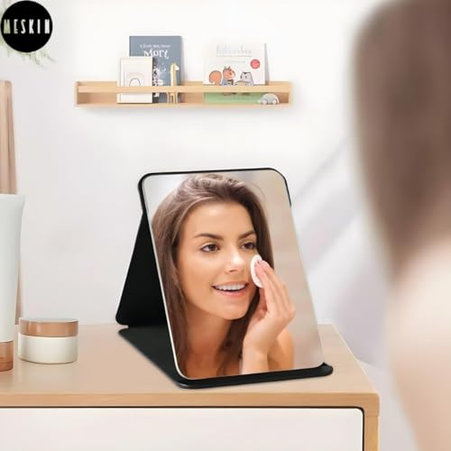 Image of MESKIN Portable Tablet Style Makeup Mirror with Foldable Stand | Compact Folding Free Hand Standing Mirror | Travel Friendly Vanity Mirror with PU Flap Cover (Pack of 1, Black)