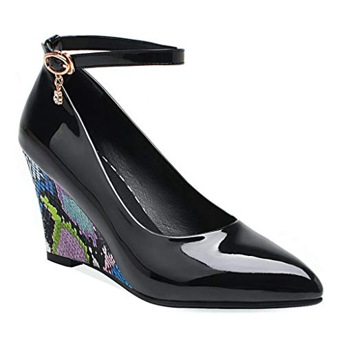 MIOKE Women's Fashion Wedge High Heel Pumps Pointed Toe Ankle Strap Comfy Chunky Dress Party Wedding Shoes