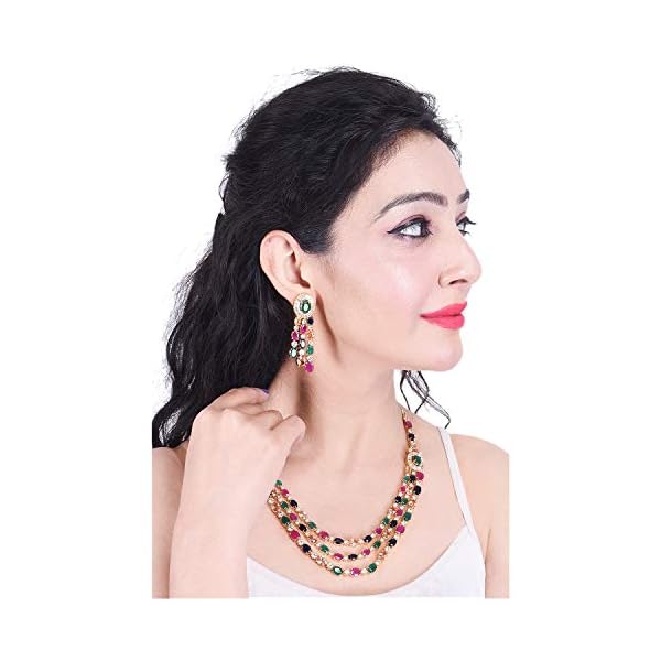 RATNAVALI JEWELS American Diamond Fashion Jewellery Red Green Blue White Multi Layer Necklace Set with Earring for Women/Girls RV3006M - Image 8