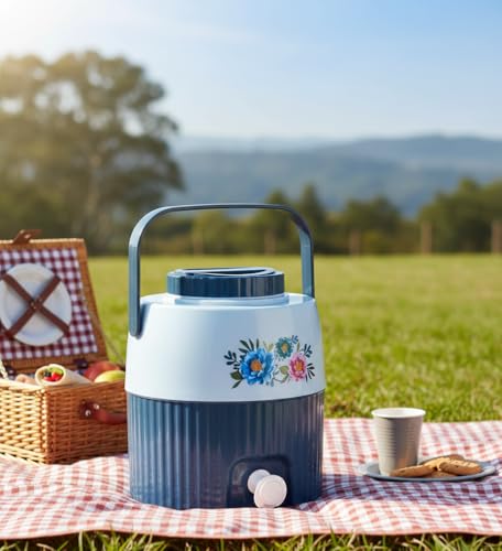 Image of Insulated Plastic Water Jug with Floral Design, 5 litres, Food Grade, BPA Free, Easy to Carry Handle, Green and Cream, Ideal for Office, Travel, Picnic and Kitchen (Blue)