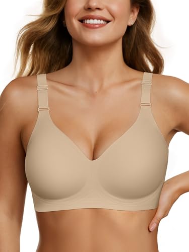 OEAK Seamless Bra Non Wired Bras for Women Wireless Push Up Bra Support V Neck Full Coverage Comfort Sleep T Shirt Bralettes Soft Sleep Everyday Bras with Bra Extender(Oatmeal,Large)