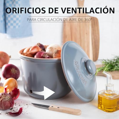 Miniatura 4 de Römertopf Maxi Olla De Cerámica Para Cebollas Y Verduras, 2,8 L, Transpirable Y Ventilada, Base Esmaltada, Apta Para Lavavajillas, Gris Y Azul