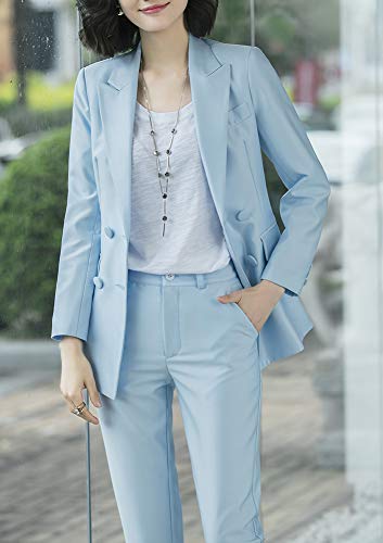 LISUEYNE Women’s Two Pieces Blazer Office Lady Suit Set Work Blazer Jacket and Pant (Blue, Medium)