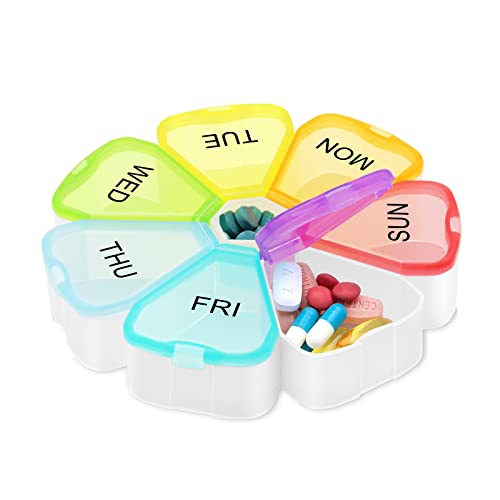 AHUIFT Medikamentenbox 7 Tage, Wöchentlicher Tragbare Tablettenbox 7 Tage mit Großen Separaten Fächern, Handlicher und Feuchtigkeitsbeständiger Pillenbox Perfekt für Unterwegs (Bunt) Cover