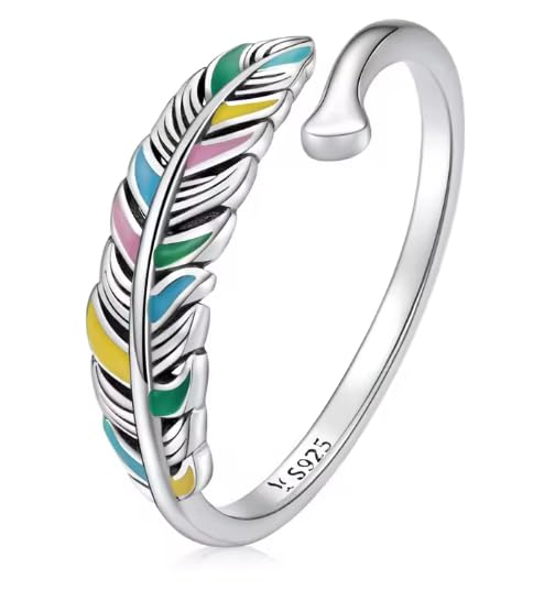 Bague plume en argent 925 réglable avec émail coloré pour femme