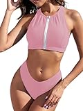 ZAFUL Women's Swimsuits Racerback Zipper Front Sporty High Waisted Two Piece Bathing Suit Pink