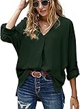 Aleumdr Damen Bluse Elegant V-Ausschnitt Hemden Langarm Casual Arbeit Oberteile Sexy Tunika Langarmshirt Damen Chiffon Blusen Hemd, Dunkelgrün XL