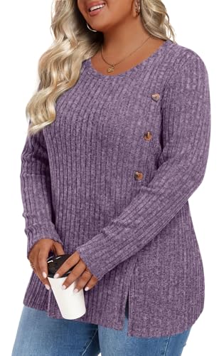 Image of HOTGIFT Womens Plus Size Sweater Tops Long Sleeve Crewneck Casual Tunic Shirts Buttons XL-5XL Blouse Soft Comfy Fashion