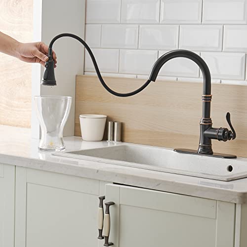 Evolvegoods Kitchen Sink Faucet Oil Rubbed Bronze High Arc Single Handle With Pull Down Sprayer 3 Function Commercial Kitchen Faucet With Oversized Deck Plate Gooseneck Rv Solid Brass Bar Faucets #TOP7