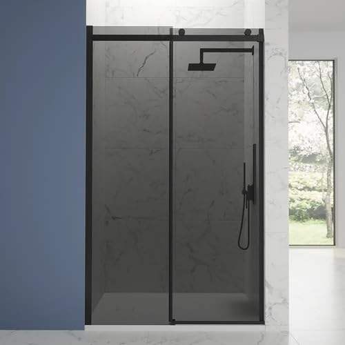 Box Doccia Porta Nicchia 150cm Apertura Scorrevole Vetro Temperato Fumè 8mm Anticalcare Installazione Reversibile Profili In Alluminio Nero Opaco Altezza 195cm Mod. Creta