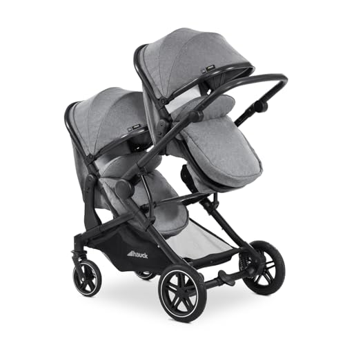 hauck Atlantic Twin, Melange Grey - Zwillingskinderwagen ab Geburt bis 15 kg je Kind - 2 Babywannen Umbaubar zu Drehbare Sportsitze mit Liegeposition - Faltbar - Höhenverstellbar - Gummi Räder