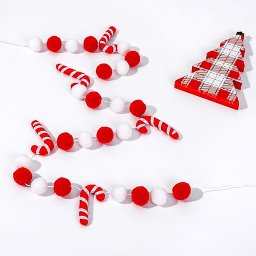 AnyDesign 8.2Ft Christmas Felt Candy Cane Garland Cute Red White Decorative Pom Pom Ball Banner Christmas Hanging Bunting Garland for Xmas Holiday Home Mantel Wall Decor Party Supplies