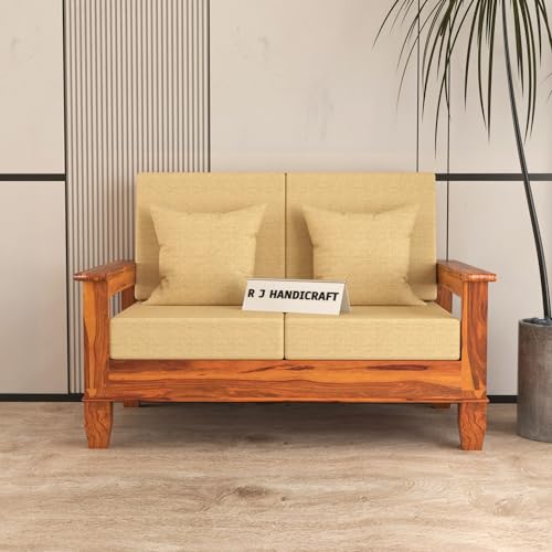 Image of Sheesham Wooden 2 Seater Sofa for Living Room | Rosewood 2 Seater Cushion Sofa with Side Newspaper Holder for Home & Office | Solid Wood Sofa Set for Lounge (Honey, 2 Seater)