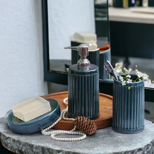 Image of Premium Ceramic Bathroom Accessories Set of 3 | Oval Hand-Painted Luxury Bath Set with 300ml Liquid Soap Dispenser, Toothbrush Holder & Soap Tray (Dark Teal with Vertical Ribbed)