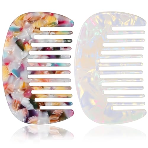 2 Pack Mini Comb, Mini Wide Tooth Hair Detangling Comb Anti-Static Pocket Combs Cellulose Acetate Round Tooth Combs for Bangs Curly Wavy Long Hairs Daily Care Wet Dry