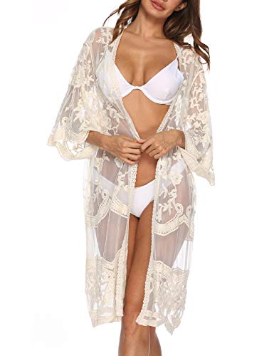 Women's Lace Cardigan Floral Crochet Sheer Beach Cover Ups Long Open Kimono3