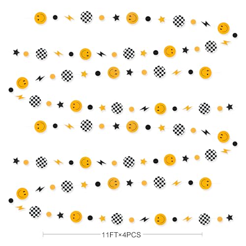 Image of One Happy Dude 1st Birthday Decorations Black Yellow Smile Face Lightning Star Checkered Circle Dot Smiley Face Garland Streamer for Baby Shower First Birthday Wedding Hippie Party Decoration Supplies