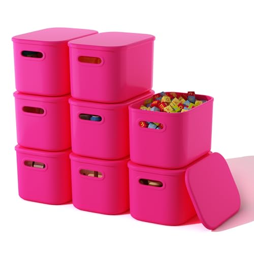 ORGIDOL Paquete de 8 contenedores de almacenamiento rosas con tapas, contenedores de almacenamiento apilables para organizar, cajas de almacenamiento con asa para estantes, bonito contenedor de