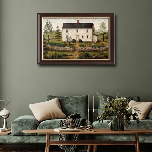 Image of Framed Vintage Colonial Farmhouse Canvas Wall Art, Primitive White House with Garden Canvas Prints Pictures, Antique Folk Art Wall Decor for Living Room Bedroom Farmhouse Kitchen