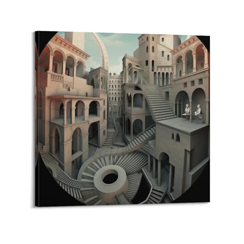 M.C. Escher Toile murale avec cadre et impression sur toile pour chambre à coucher, salon - 30 x 30 cm