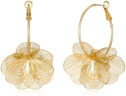 FAUTHENTICUTE Gold Flower Dangle Earrings for Women Big Lightweight Floral Statement Earrings With Thin Gold Hoop Trendy Boho Jewelry Gifts For Spring and Summer