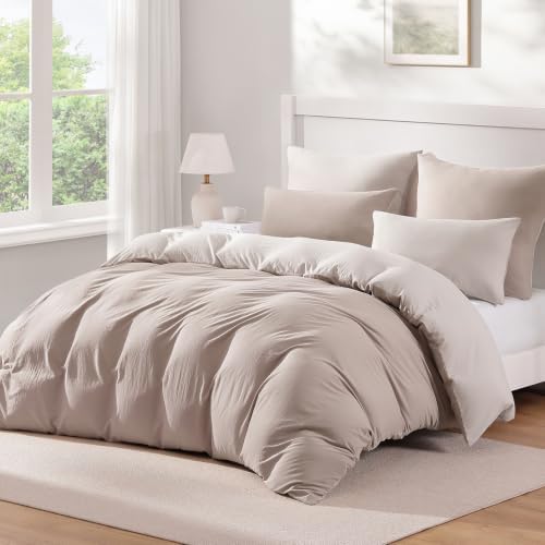 Duvetnova Bettwäsche 155x220 3teilig Beige ÖKO-TEX Superweiche Vorgewaschene Mikrofaser Baumwollähnlich Wendbar Ganzjährig verwendbar 1 Bettbezug 155x220+2 Kissenbezüge 80x80 mit R