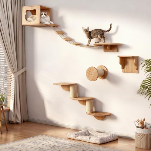 JAZUIHA Katzen Kletterwand XXL - 4-teiliges Holz-Wandpark mit Katzenhöhle, Hängebrücke, Treppe & Sisalsäule - Wandmöbel für Hauskatzen