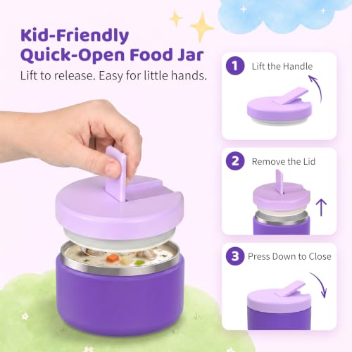 Image of Pawtong Bento Lunch Box with 8oz Soup Thermo, Kids Leakproof Lunch Food Containers with 4 Compartment, Kids Thermo Insulated Hot Food Jar for School, Trvael (Purple)