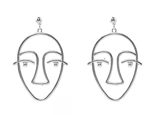 SUNSCSC Dangle Stud Earrings Unique Vintage Hollow Out Human Face Design Gold Silver Ear Drop Jewelry (Silver)