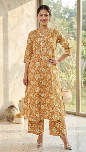 Image of ???? Women s Cotton A-Line Kurta Palazzo Set | Printed Ethnic Co-Ord Set for Office Wear & Festive Look | Comfortable Breathable Fabric Kurti Pant Set for Women, Regular Fit