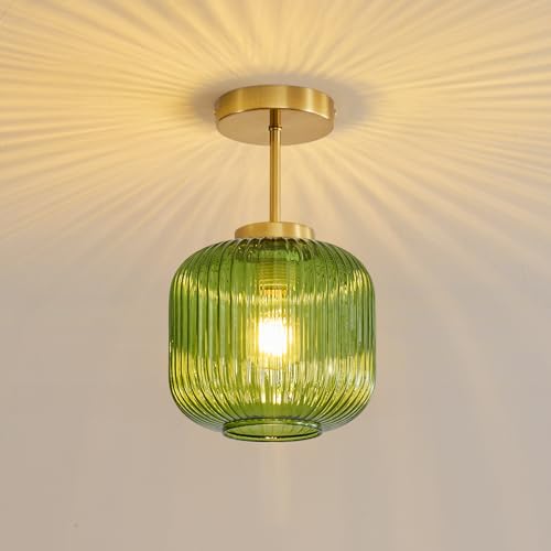 Green Ribbed Glass Ceiling Light: 7.9" Vintage Semi Flush Mount Ceiling Lights - Mid Century Modern Brass Light Fixture - Minimalist Drum Decorative Lighting Fixtures for Bedroom Living Room