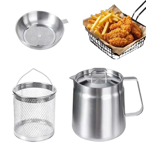 Vexnaro Recipiente Filtrante de Grasa 2L en Acero Inoxidable 304 con Colador de Malla Fina, Cesta de Freír y Tapa Antipolvo, Multiuso Aceite Filtrante para Freír, Cocinar y Guardar Aceite