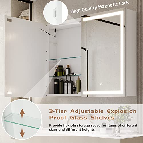 Dictac Lighted Medicine Cabinets With Double Mirror Doors And 2 Outlets 31.5''X23.6''Wall Mounted Bathroom Mirror With Storage And Led Lights Metal Wall Storage Organizer With Adjustable Shelves,White #TOP7