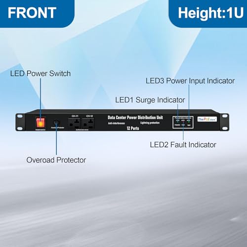 Image of 1U Horizontal PDU 19 inch Rack Mount Power Strip | Surge Protector for Network Servers, 12 NEMA 5-15R Outlet, 120V 20A, 3600 Joules 10KA, Heavy-Duty 12 AWG 16 ft Cord